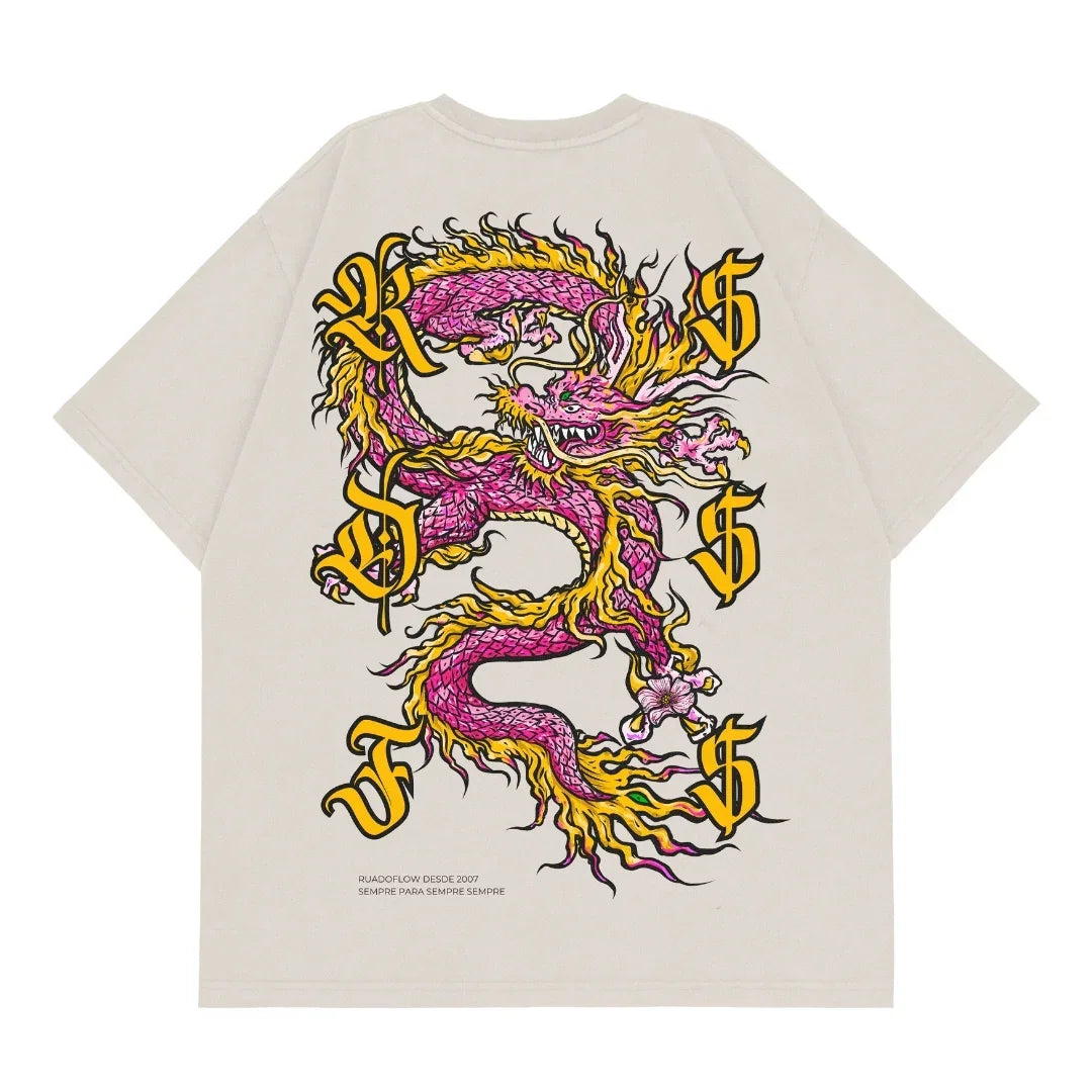 Camiseta Oversized Dragão Rosa