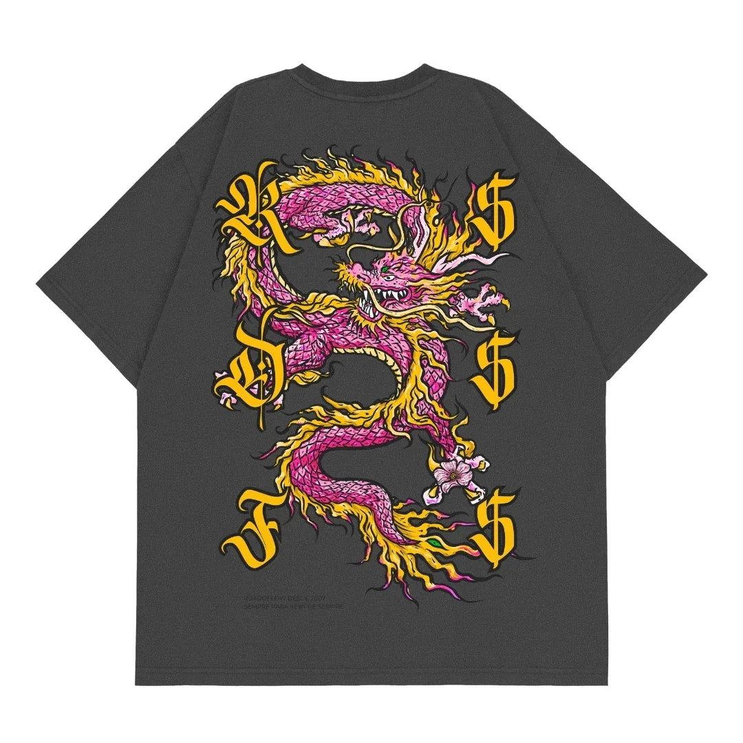 Camiseta Oversized Dragão Rosa