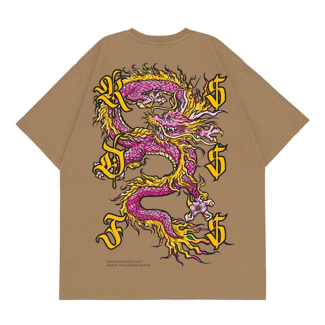 Camiseta Oversized Dragão Rosa